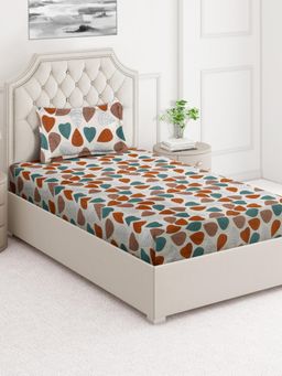 ARRABI - Cream Leaf Cotton Blend Single Bedsheet with Pillow Cover