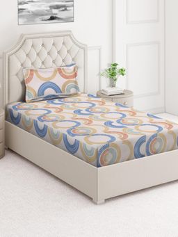 ARRABI - Peach Geometric Cotton Blend Single Bedsheet with Pillow Cover