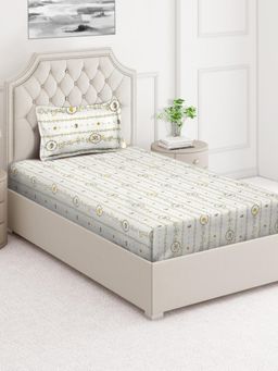 ARRABI - Cream Floral Cotton Blend Single Bedsheet with Pillow Cover