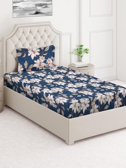 ARRABI - Blue Floral Cotton Blend Single Bedsheet with Pillow Cover