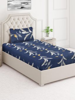 ARRABI - Blue Floral Cotton Blend Single Bedsheet with Pillow Cover