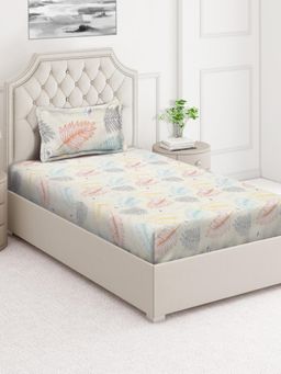 ARRABI - Cream Leaf Cotton Blend Single Bedsheet with Pillow Cover