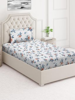 ARRABI - White Floral Cotton Blend Single Bedsheet with Pillow Cover