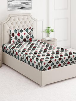 ARRABI - Multi-Color Geometric Cotton Blend Single Bedsheet with Pillow Cover