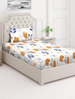 ARRABI - White Floral Cotton Blend Single Bedsheet with Pillow Cover