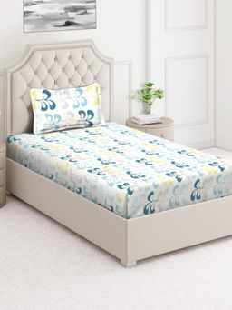 ARRABI - White Floral Cotton Blend Single Bedsheet with Pillow Cover