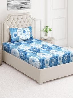 ARRABI - Blue Floral Cotton Blend Single Bedsheet with Pillow Cover