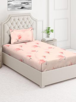ARRABI - Peach Floral Cotton Blend Single Bedsheet with Pillow Cover