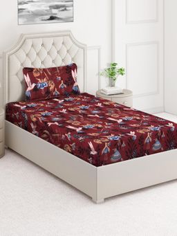 ARRABI - Maroon Cartoon Cotton Blend Single Bedsheet with Pillow Cover