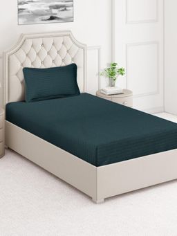 ARRABI - Green Stripes Cotton Blend Single Bedsheet with Pillow Cover
