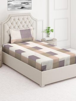 ARRABI - Brown Geometric Cotton Blend Single Bedsheet with Pillow Cover