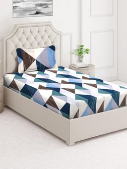 ARRABI - Blue Geometric Cotton Blend Single Bedsheet with Pillow Cover