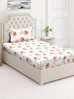 ARRABI - Cream Floral Cotton Blend Single Bedsheet with Pillow Cover