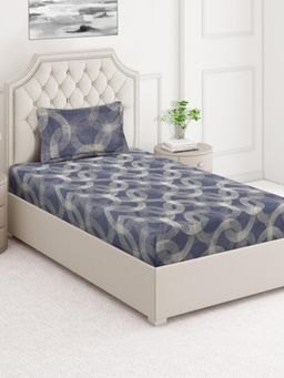 ARRABI - Grey Geometric Cotton Blend Single Bedsheet with Pillow Cover