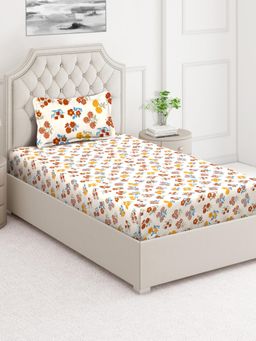 ARRABI - Cream Floral Cotton Blend Single Bedsheet with Pillow Cover