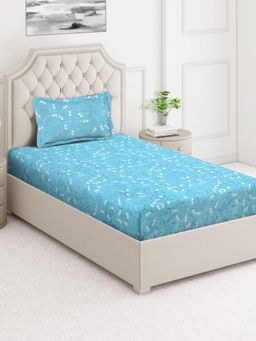 ARRABI - Teal Floral Cotton Blend Single Bedsheet with Pillow Cover