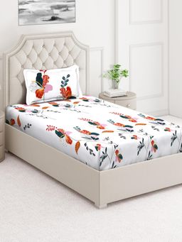 ARRABI - White Floral Cotton Blend Single Bedsheet with Pillow Cover