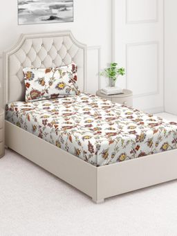 ARRABI - White Floral Cotton Blend Single Bedsheet with Pillow Cover