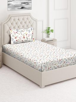 ARRABI - White Floral Cotton Blend Single Bedsheet with Pillow Cover