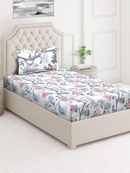 ARRABI - White Floral Cotton Blend Single Bedsheet with Pillow Cover