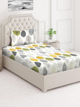 ARRABI - Green Leaf Cotton Blend Single Bedsheet with Pillow Cover