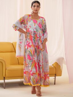 Gahan - Chiffon Floral Printed Embellished Multicolor Anarkali Pant & Dupatta (Set of 3)