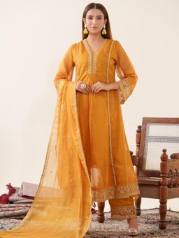 Gahan - Raw Silk Festive Embellished Embroidered Mustard Anarkali & Dupatta (Set of 3)