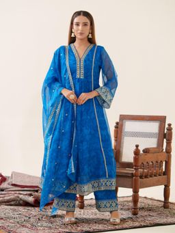 Gahan - Raw Silk Festive Embellished Embroidered Blue Anarkali Pant & Dupatta (Set of 3)