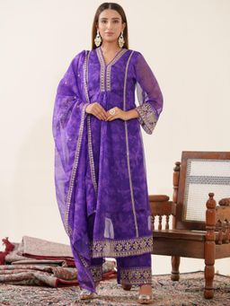 Gahan - Raw Silk Festive Embellished Embroidered Purple Anarkali Pant & Dupatta (Set of 3)