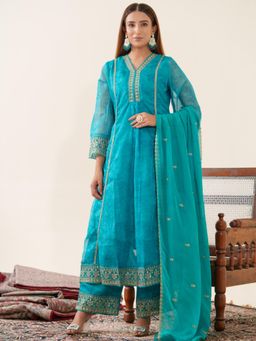 Gahan - Raw Silk Festive Embellished Embroidered Teal Anarkali & Dupatta (Set of 3)