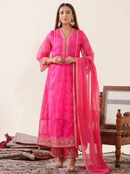 Gahan - Raw Silk Festive Embellished Embroidered Pink Anarkali & Dupatta (Set of 3)