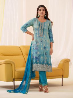 Gahan - Rayon Festive Floral Printed Brocade Embellished Blue Kurta Pant & Dupatta (Set of 3)