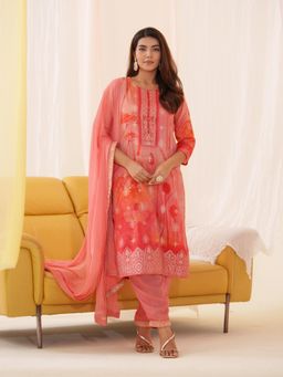 Gahan - Rayon Festive Floral Printed Brocade Embellished Pink Kurta Pant & Dupatta (Set of 3)