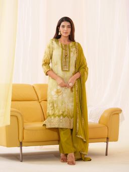 Gahan - Rayon Festive Floral Printed Brocade Embellished Yellow Kurta Pant & Dupatta (Set of 3)