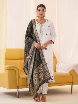 Gahan - Raw Silk Festive Embellished Brocade White Kurta Pant & Dupatta (Set of 3)
