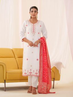 Gahan - Raw Silk Festive Embellished Brocade White Kurta Pant & Red Dupatta (Set of 3)