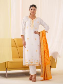 Gahan - Raw Silk Festive Embellished Brocade White Kurta Pant & Yellow Dupatta (Set of 3)