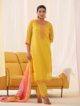 Gahan - Raw Silk Yoke Embroidered Embellished Yellow Kurta Pant & Net Dupatta (Set of 3)