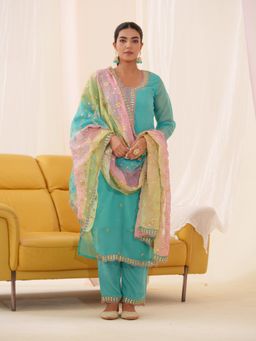 Gahan - Raw Silk Yoke Embroidered Embellished Turquoise Kurta Pant & Ombre Dupatta (Set of 3)