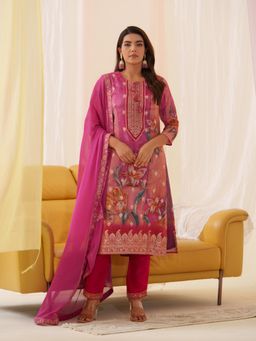 Gahan - Raw Silk Festive Floral Printed Embellished Brocade Pink Kurta Pant & Dupatta (Set of 3)