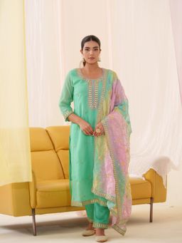 Gahan - Raw Silk Festive Embellished Embroidered Green Kurta Pant & Dupatta (Set of 3)