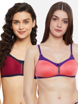 Clovia - Cotton Color Block Non-padded Full Cup Wire Free T-shirt Bra - Multi Color (Pack of 2)