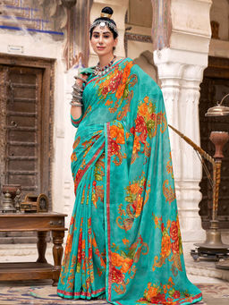 Odette - Blue Georgette Floral Printed Saree with Unstitched Blouse