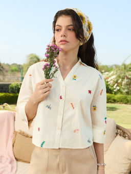 The Souled Store - Off White Embroidered Collar Neck Shirt