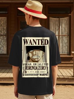 Bewakoof - Men Black Wanted Zoro Graphic Printed Oversized T-Shirt