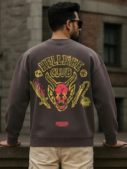 Bewakoof - Stranger Things Men Chocolate Graphic Printed Oversized Sweatshirt