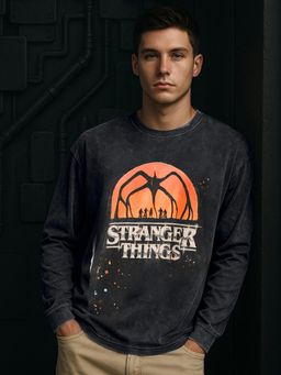 Bewakoof - Stranger Things Men Black Graphic Printed Oversized Fit Acid Wash T-Shirt