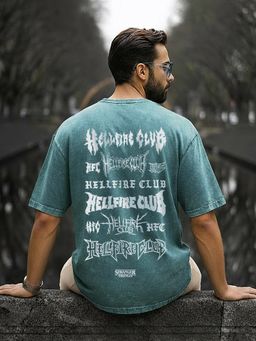 Bewakoof - Stranger Things Men Green Typography Printed Oversized Fit Acid Wash T-Shirt