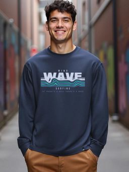Bewakoof - Men's Navy Blue Wind Wave Typography Oversized T-Shirt