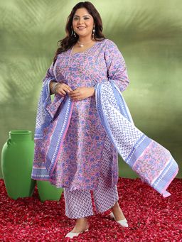 Extra love by Libas - Women Purple Floral Printed Kurta with Pant and Dupatta